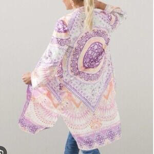 Chicos Coastal Tile Satin Kimono Duster‎ Cardigan Purple Orange White Size 3/XL